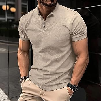 XYTHFZD Men's Shirt Button Henry Collar Short-Sleeved